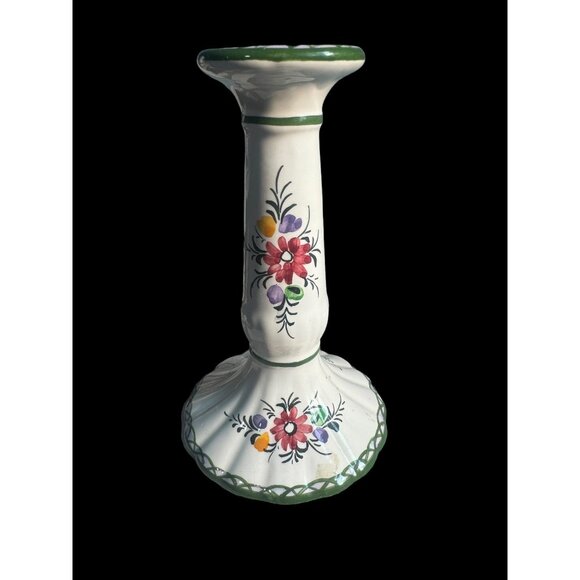 Vintage Portugal Candlestick Taper Holder Hand Painted Floral 7” Signed - Picture 7 of 7